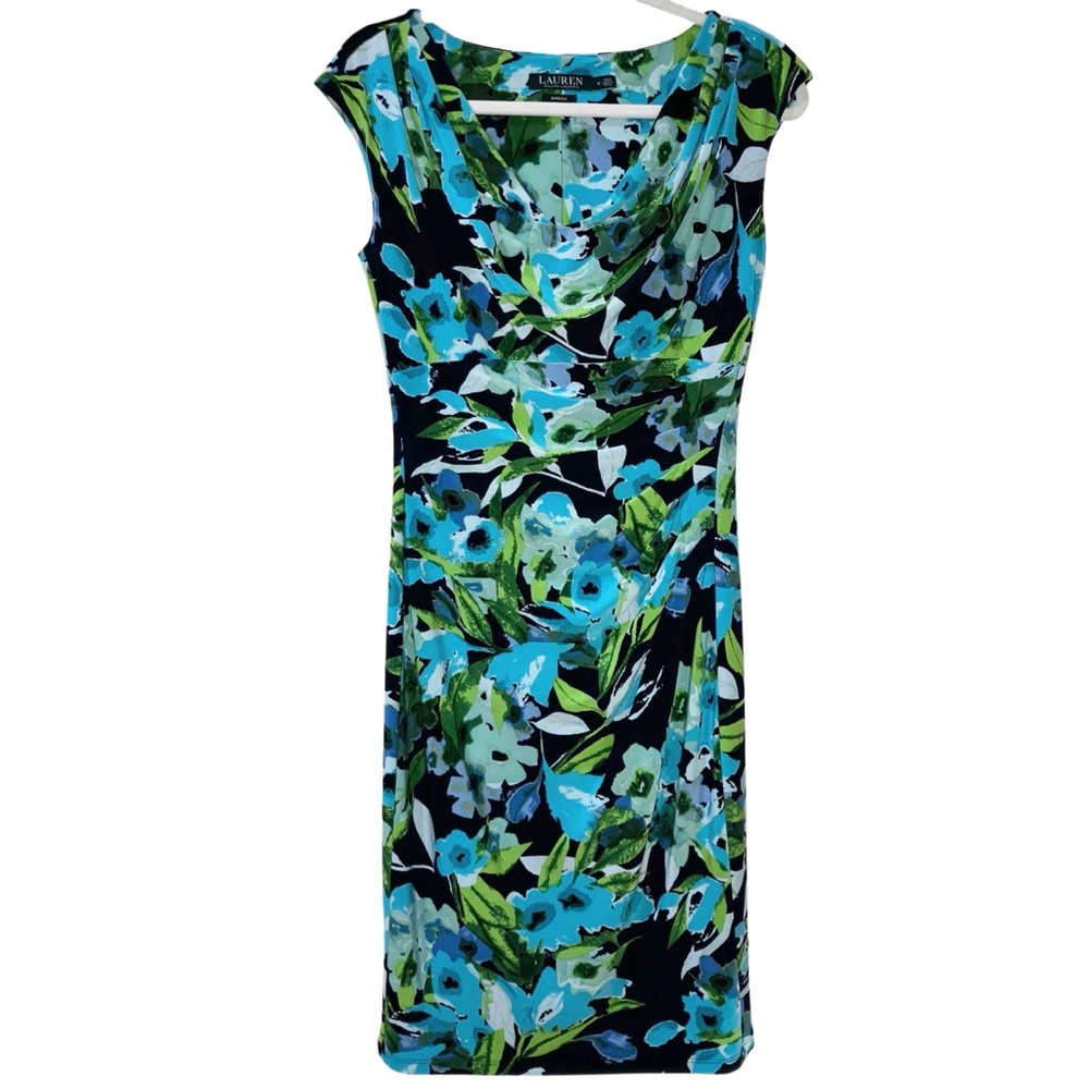 Lauren Ralph Lauren Easter Dress Turquoise Floral Draped Ruched Stretch Sz 4
